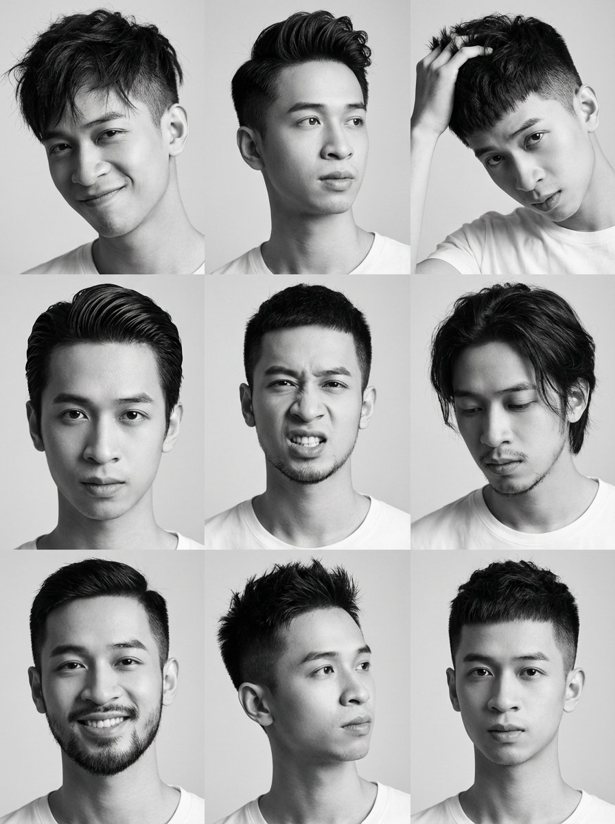 Trendy Hema Studio Nine-Grid Portrait, People, nanoBanana-Pro, Confident Pose, Dynamic Layout reference image
