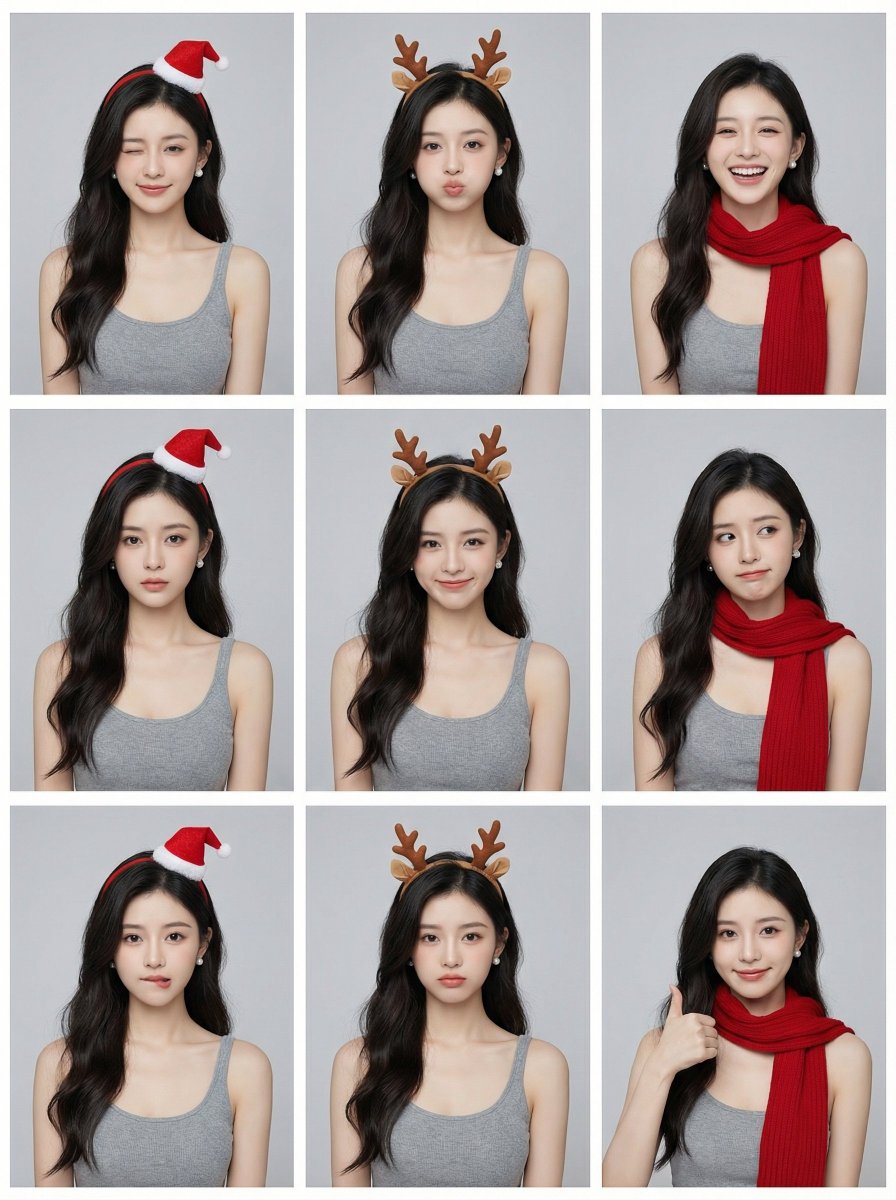 Minimalist Christmas 9-Grid Portrait, People, nanoBanana-Pro, 9-Grid, Asian Woman reference image