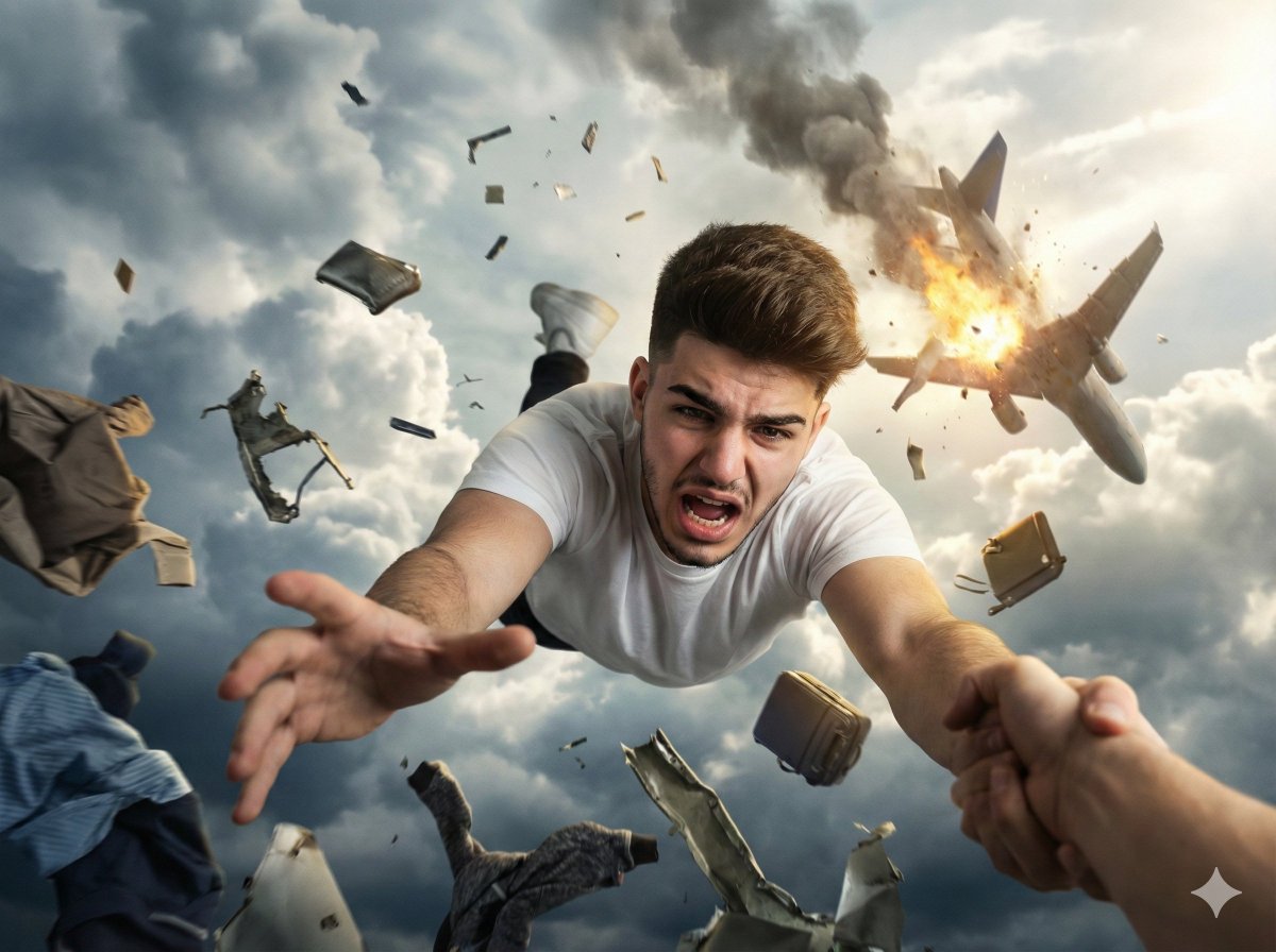 Dramatic Scene of a Falling Person and a Reach-Out for Help, Fashion, nanoBanana-Pro, 3D, Cinematic Mood reference image