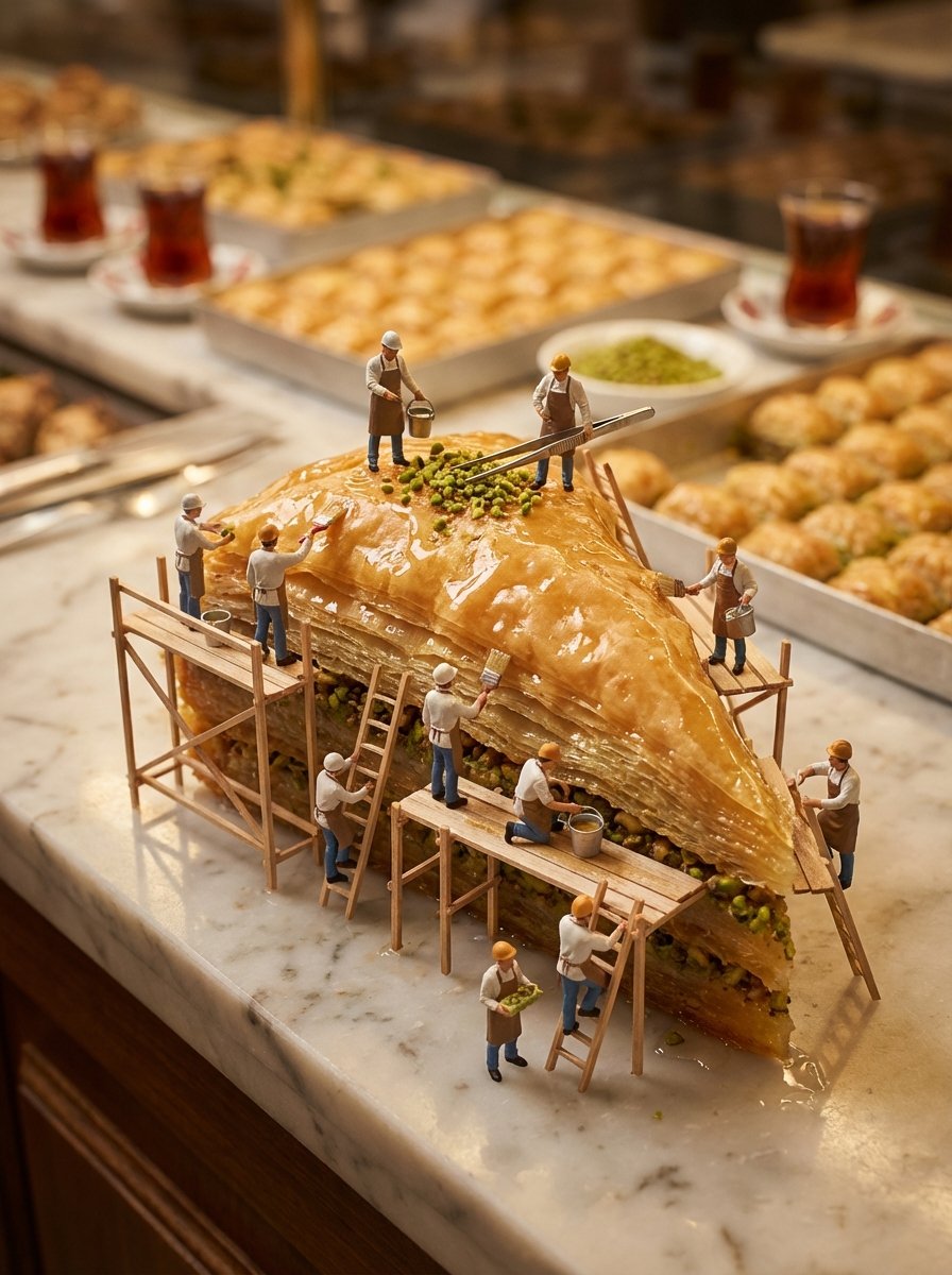Turkish Cuisine and Miniature Chefs, Food, nanoBanana-Pro, Baklava, Dessert Counter reference image