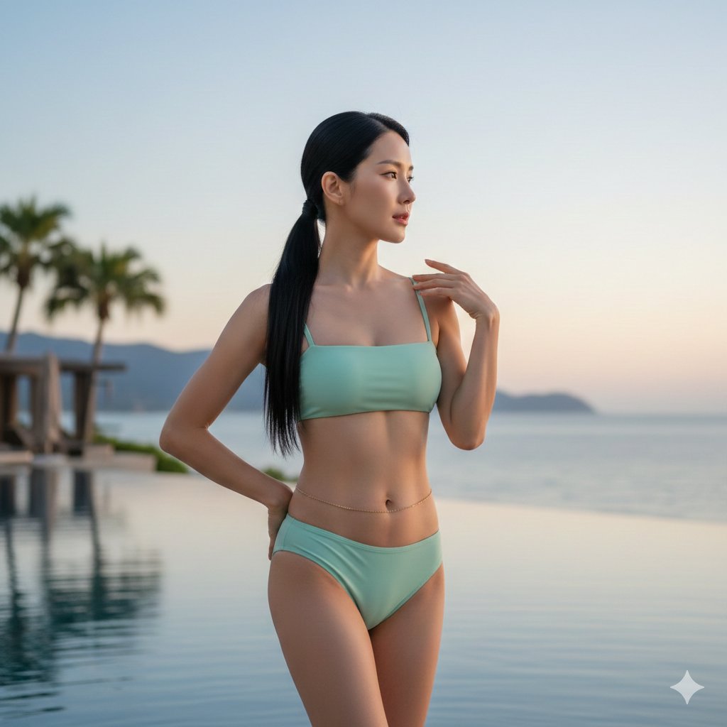 Adult Woman with Korean Features, Black Ponytail, Pastel Mint Bikini, Posing by Infinity Pool, Luxury Resort, Soft Cinematic Background Blur, People, nanoBanana-Pro, Adult, Calm Mood reference image