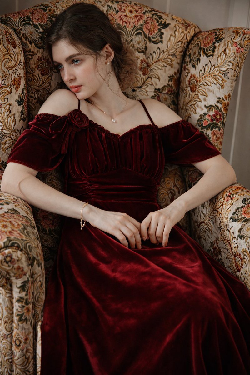 Google Gemini Nano Banana pro Photorealistic Portrait, People, nanoBanana-Pro, Burgundy, Evening Dress reference image