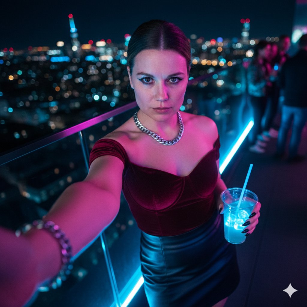 Rooftop Night Selfie, People, nanoBanana-Pro, Cyberpunk, Neon Lights reference image