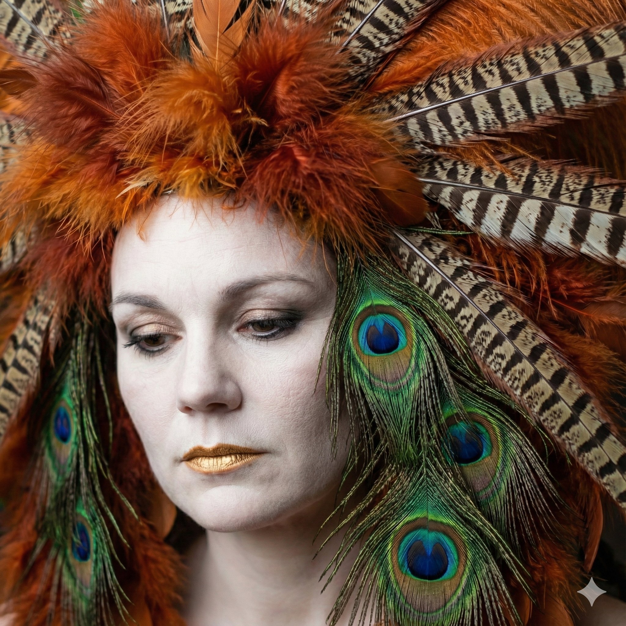 Avant-Garde Feather Headpiece Portrait of a Woman, People, nanoBanana-Pro, Avant-Garde, Cinematic Lighting reference image