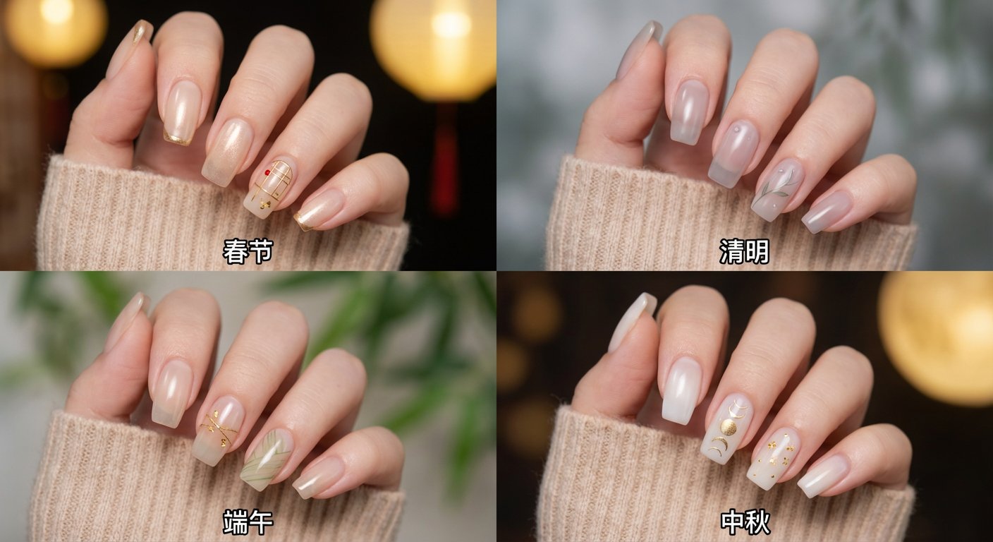 Chinese Four Major Festivals Nail Art Tetrad Puzzle, Festival, nanoBanana-Pro, Chinese Festivals, Hand Detail reference image