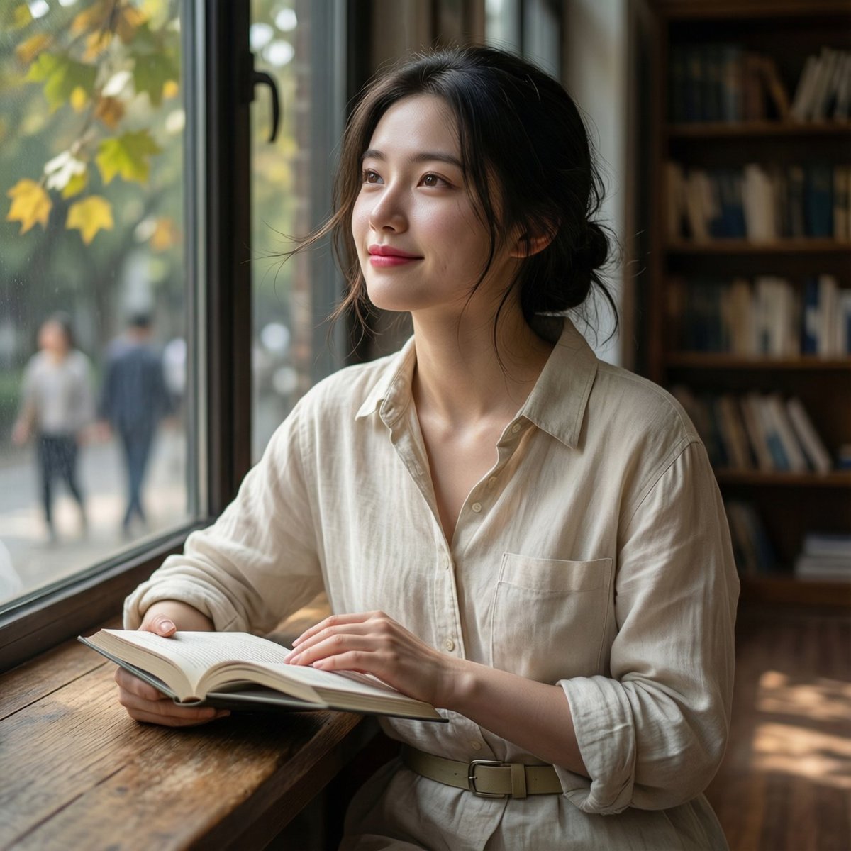 University Library Glimpse, People, nanoBanana-Pro, Academic Atmosphere, Elegant Dress reference image