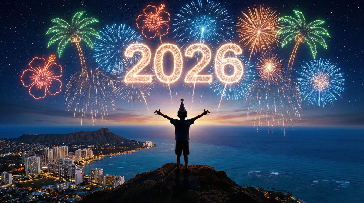 Hawaii Mountain Fireworks Display, Landscape, nanoBanana-Pro, Child's Perspective, Cityscape reference image