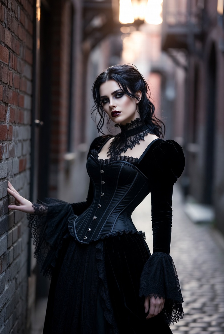 哥特式时尚女性在维多利亚式城市小巷的摄影作品，时尚，nanoBanana-Pro，Black Velvet Corset, Canon EOS R5风格参考图