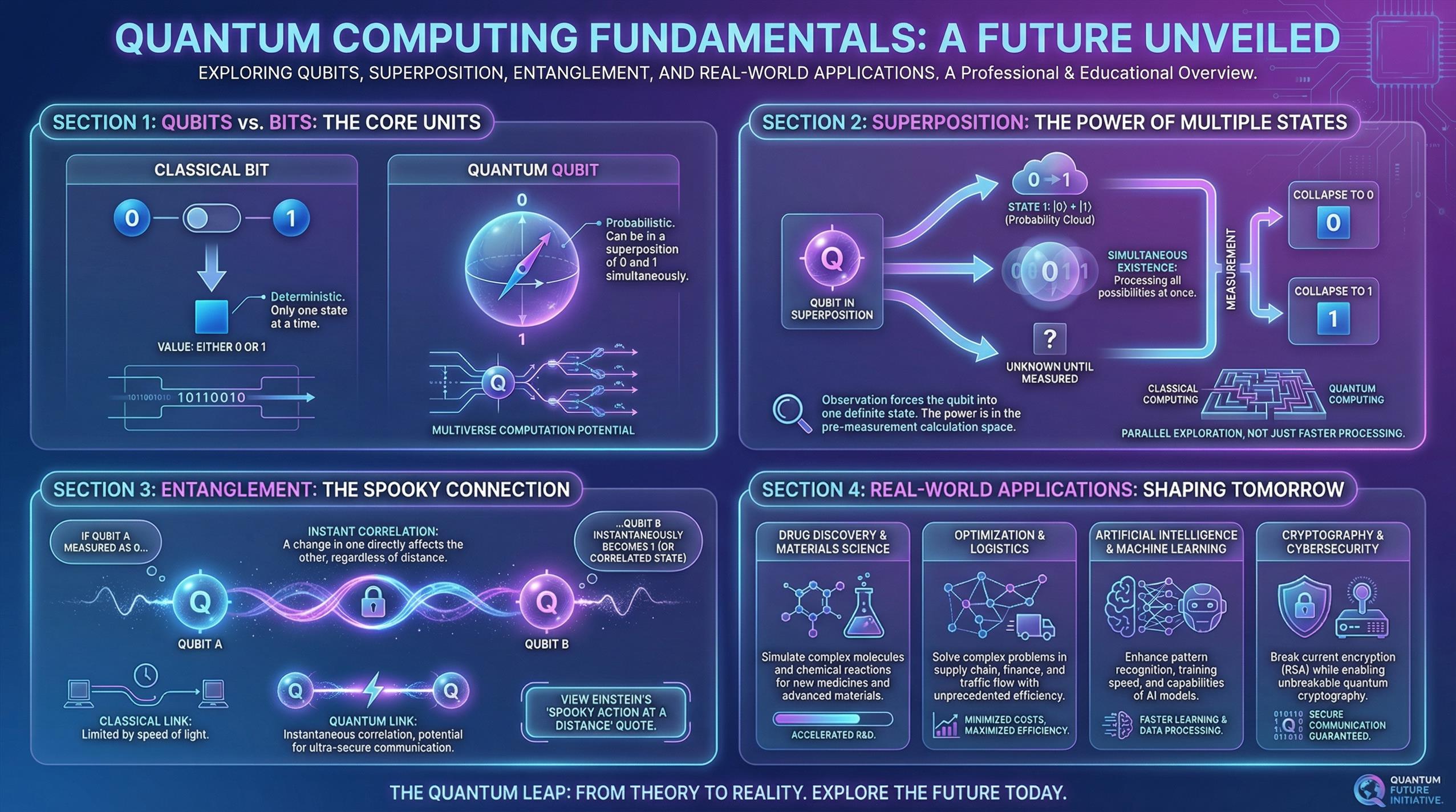量子计算基础信息图，科技，nanoBanana-Pro，Comparative Diagrams, Educational风格参考图