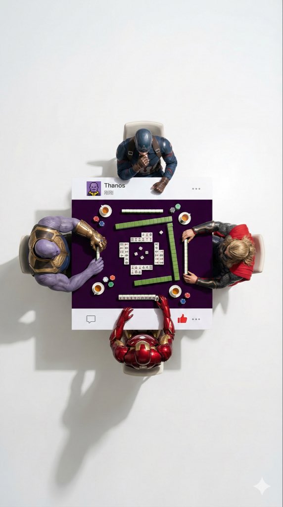 WeChat Moments Mahjong Scene, People, nanoBanana-Pro, Character Interaction, Flat Lay reference image