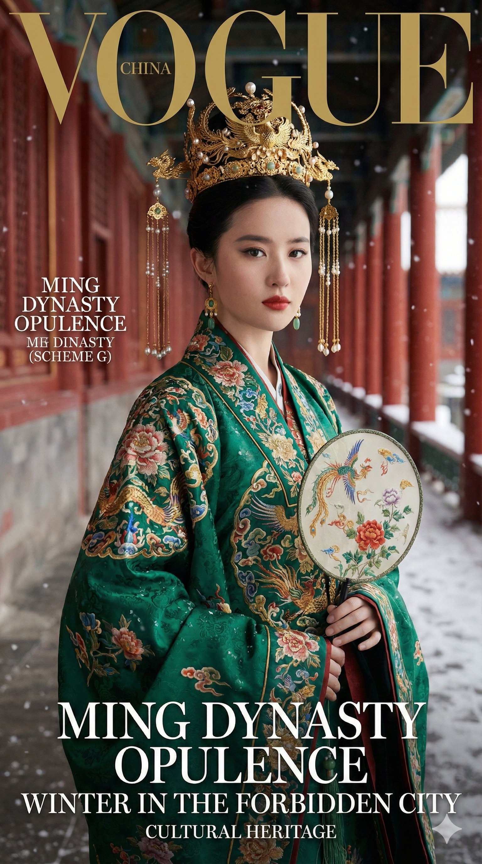 故宫汉服时尚杂志封面，时尚，nanoBanana-Pro，Elaborate Embroidery, Elegant Pose风格参考图