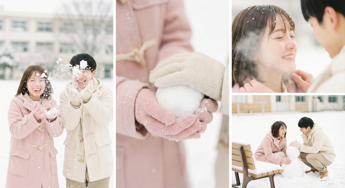 Snowy Day First Love Portrait, People, nanoBanana-Pro, Creamy White, Dreamy Atmosphere reference image