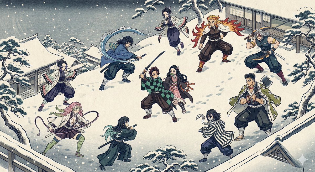 Ukiyo-e Style 'Demon Slayer' Characters' Makeup Photos, Landscape, nanoBanana-Pro, Atmospheric Landscape, Bokashi Technique reference image
