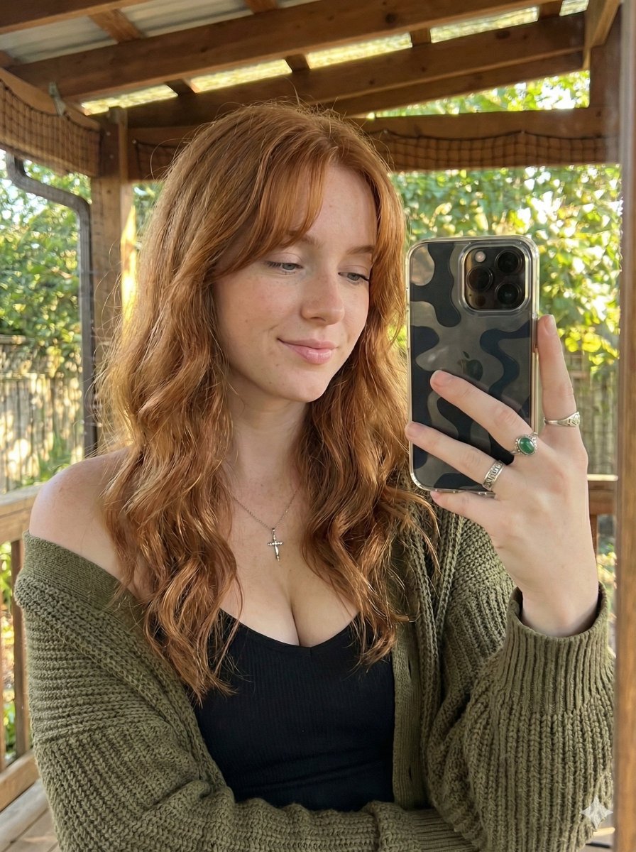 Young Female Selfie with Gemini Nano Banana Pro, People, nanoBanana-Pro, Casual Fashion, Cozy Setting reference image