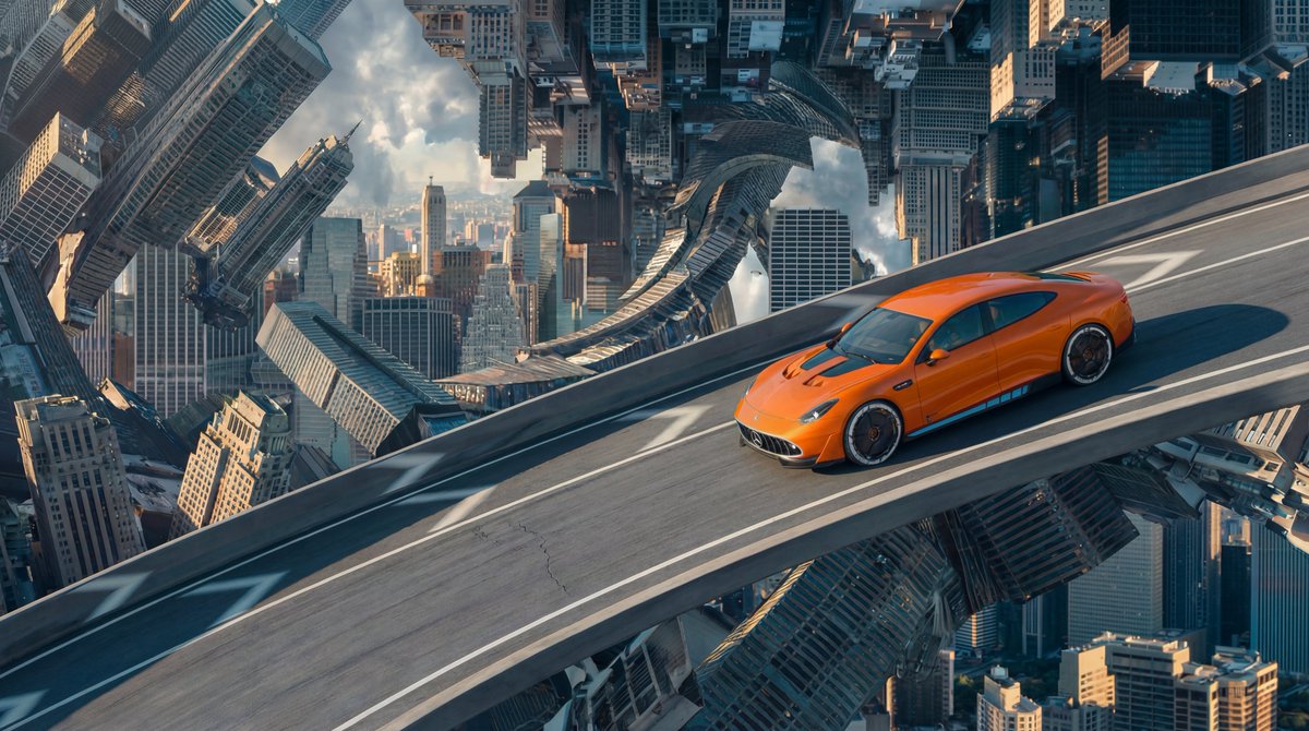 Inverted City Space with Bright Orange Sports Car, City, nanoBanana-Pro, Blade Runner Style, Cinematic Realism reference image