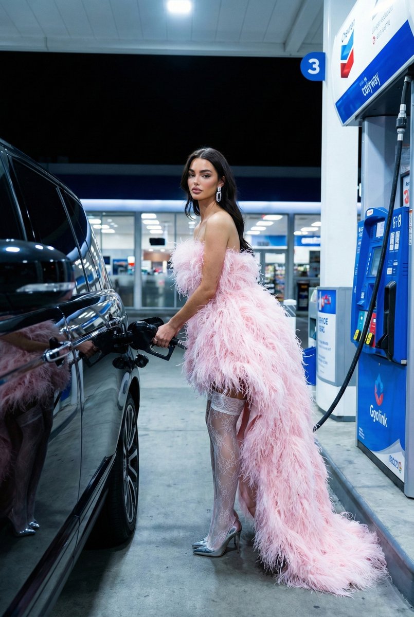 Nighttime Gas Station Young Lady, Vehicle, nanoBanana-Pro, 3D, Banana Pro reference image