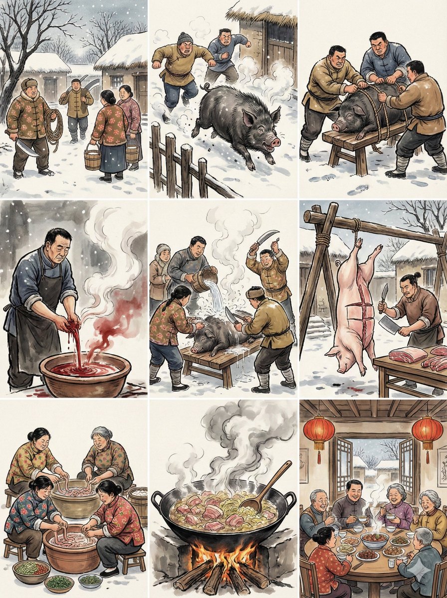 农村杀年猪场景，时尚，nanoBanana-Pro，1990s Animation Style, Annual Pig Slaughter风格参考图