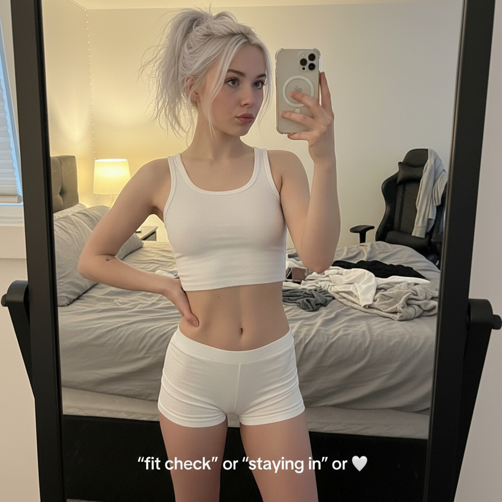 Young Woman's Bedroom Selfie, People, nanoBanana-Pro, Bedroom Selfie, Casual Loungewear reference image