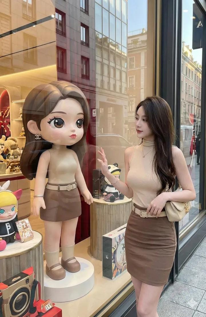 High-End Street Fashion Photography: Woman from Reference Image, Fashion, nanoBanana-Pro, Bright Lighting, Cartoon Doll reference image