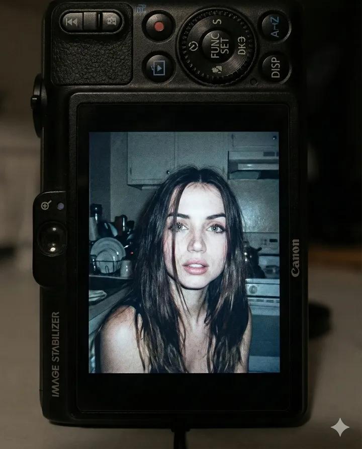 Young Woman Using Compact Digital Camera with Reference Photo Features, People, nanoBanana-Pro, Built-in Flash, Close-up reference image