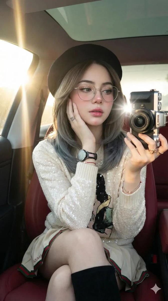 Portrait of a Woman in Tesla Car Interior, People, nanoBanana-Pro, Black Hair, Canon GX7 Mark III reference image
