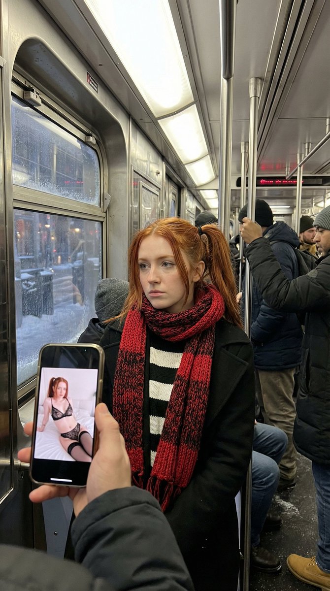Young Woman in a Crowded Subway with Phone Screen, People, nanoBanana-Pro, Digital Content, High Detail reference image
