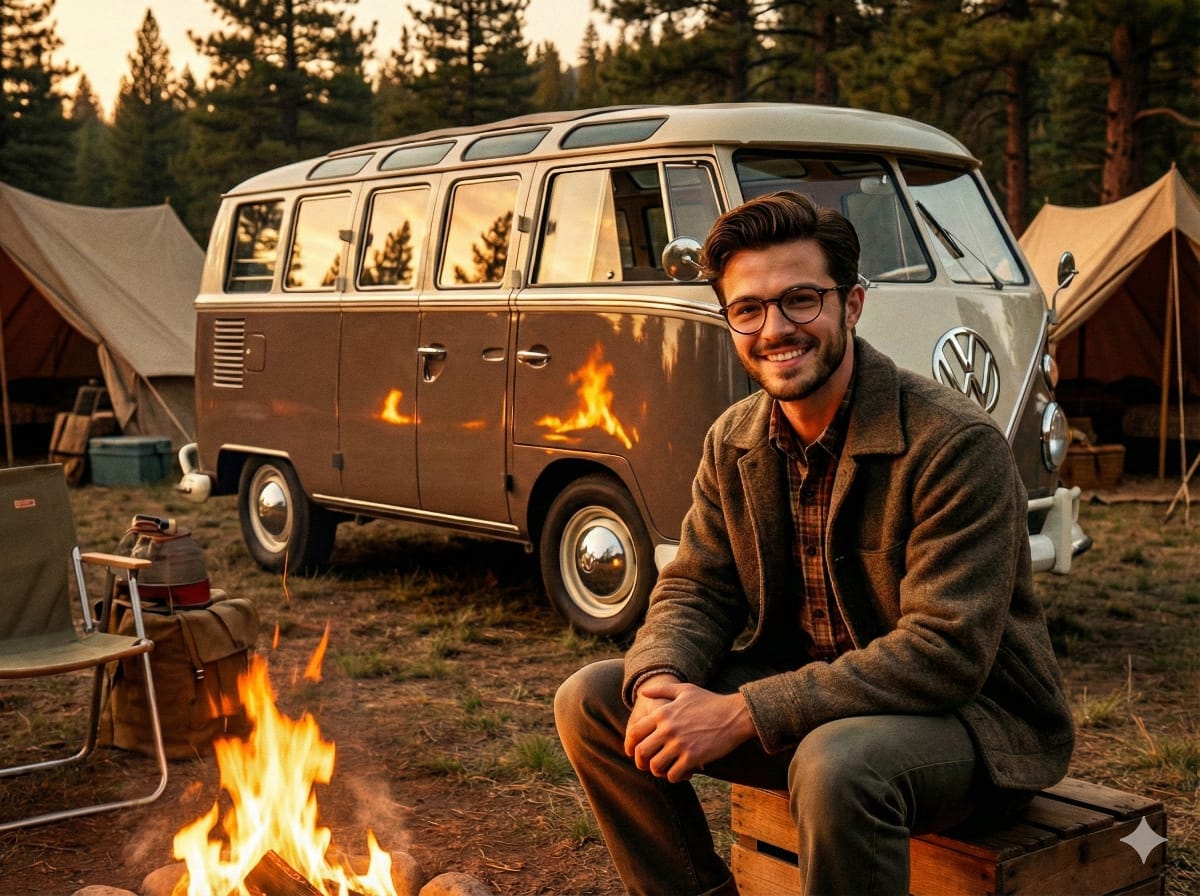 Calm Outdoor Mood, Retro, nanoBanana-Pro, 1950s Style, Campfire reference image