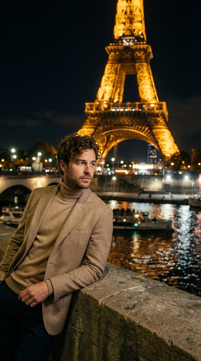Contemplative Figure in Parisian Nightscape, Film, nanoBanana-Pro, Beige Turtleneck, Contemplative Mood reference image