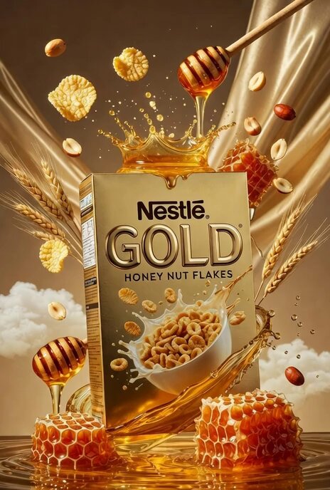 Nestlé Gold Honey Nut Flakes Commercial Photography, Realistic, nanoBanana-Pro, Breakfast Luxury, Cereal Box reference image