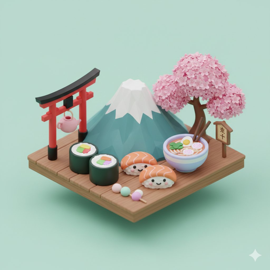 3D日本風景微缩模型，3D，nanoBanana-Pro，3D, 3D渲染风格参考图