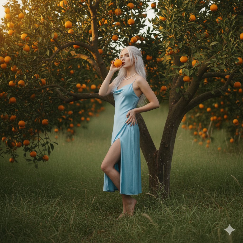 Sunlit Orange Beauty, People, nanoBanana-Pro, Citrus Orchard, Dreamy Mood reference image