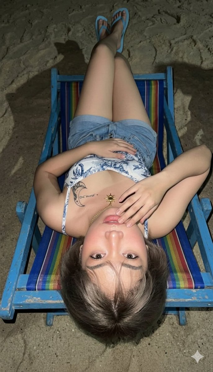 夜晚沙滩椅倒挂人像，人物，nanoBanana-Pro，Beach, Beach Chair风格参考图
