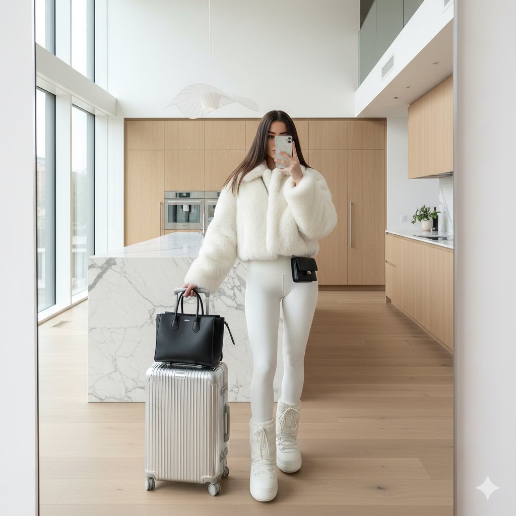 Young Woman's Mirror Selfie in a Modern Minimalist Luxury Kitchen and Living Area, People, nanoBanana-Pro, High-End Lifestyle, Luxury Decor reference image