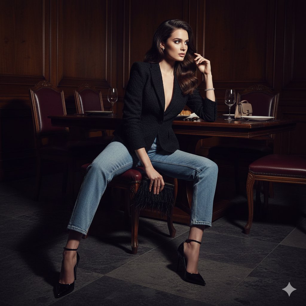 High-Fashion Indoor Editorial Photograph, Fashion, nanoBanana-Pro, Dark Lighting, Elegant Woman reference image