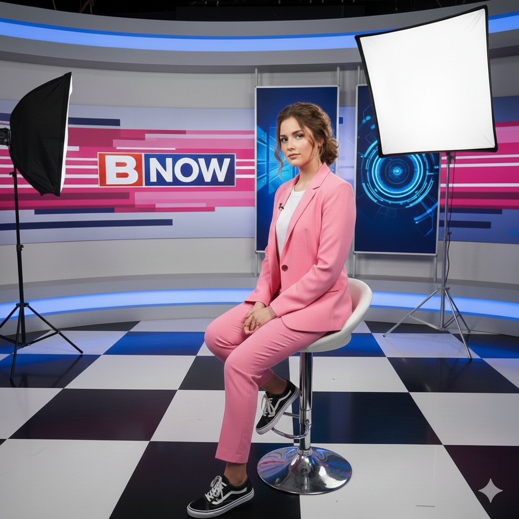 Young Western Woman in a Modern Television News Studio, People, nanoBanana-Pro, Broadcast Media, Bubblegum Pink reference image