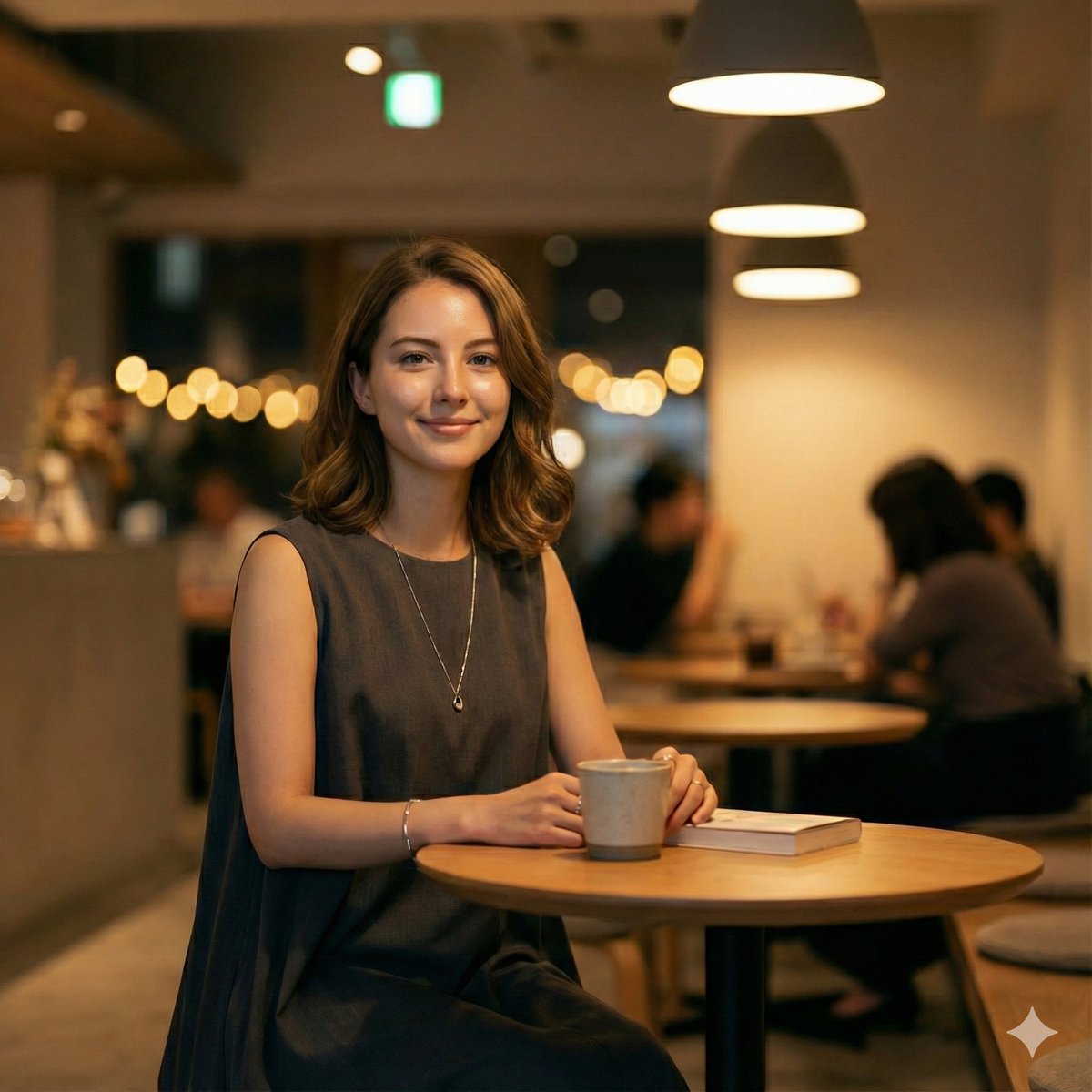 Elegant Young Woman in a Cafe, People, nanoBanana-Pro, Bokeh Background, Candid Moment reference image