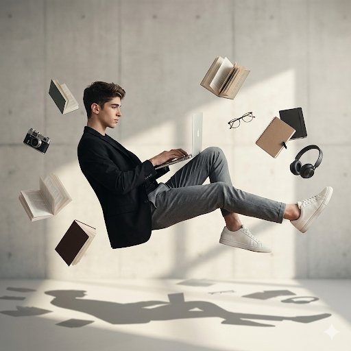 Modern Minimalist Room with Floating Man, Realistic, nanoBanana-Pro, Cinematic, Creative reference image