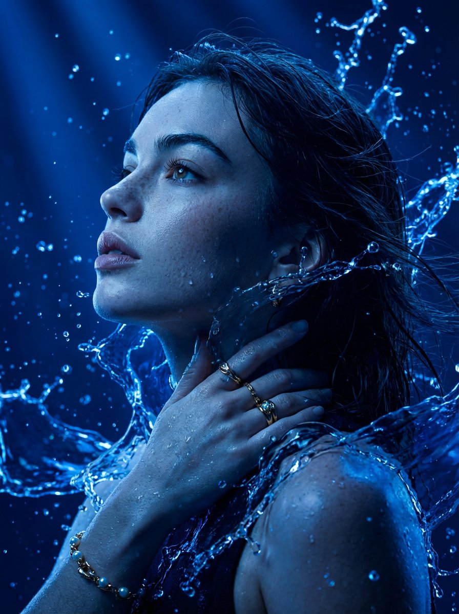 Hyper-Detailed Cinematic Portrait in Blue Light, People, nanoBanana-Pro, Calm-Powerful Expression, Digital Art reference image