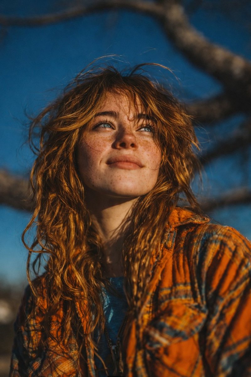 Golden Hour Outdoor Portrait of a Young Woman, People, nanoBanana-Pro, 85mm Lens, Calm Expression reference image
