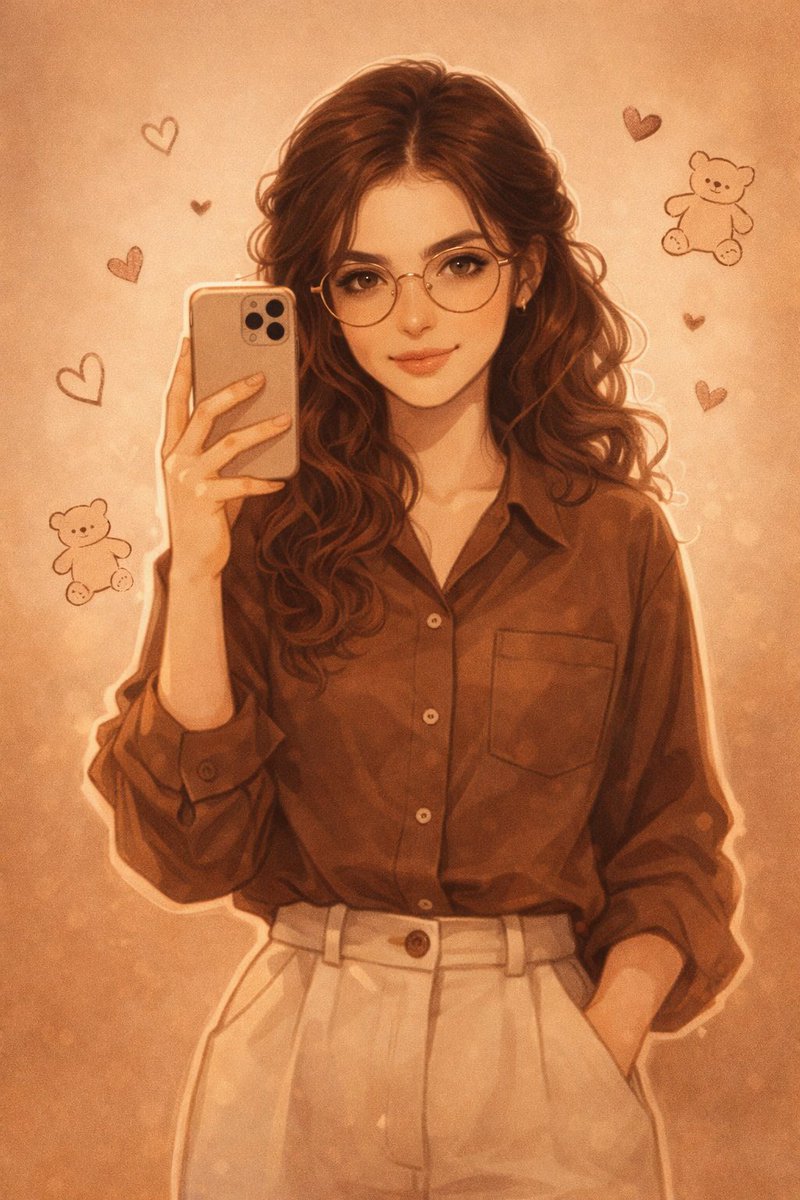 Aesthetic Digital Illustration of a Young Woman Taking a Mirror Selfie, People, nanoBanana-Pro, Cozy Mood, High Detail reference image