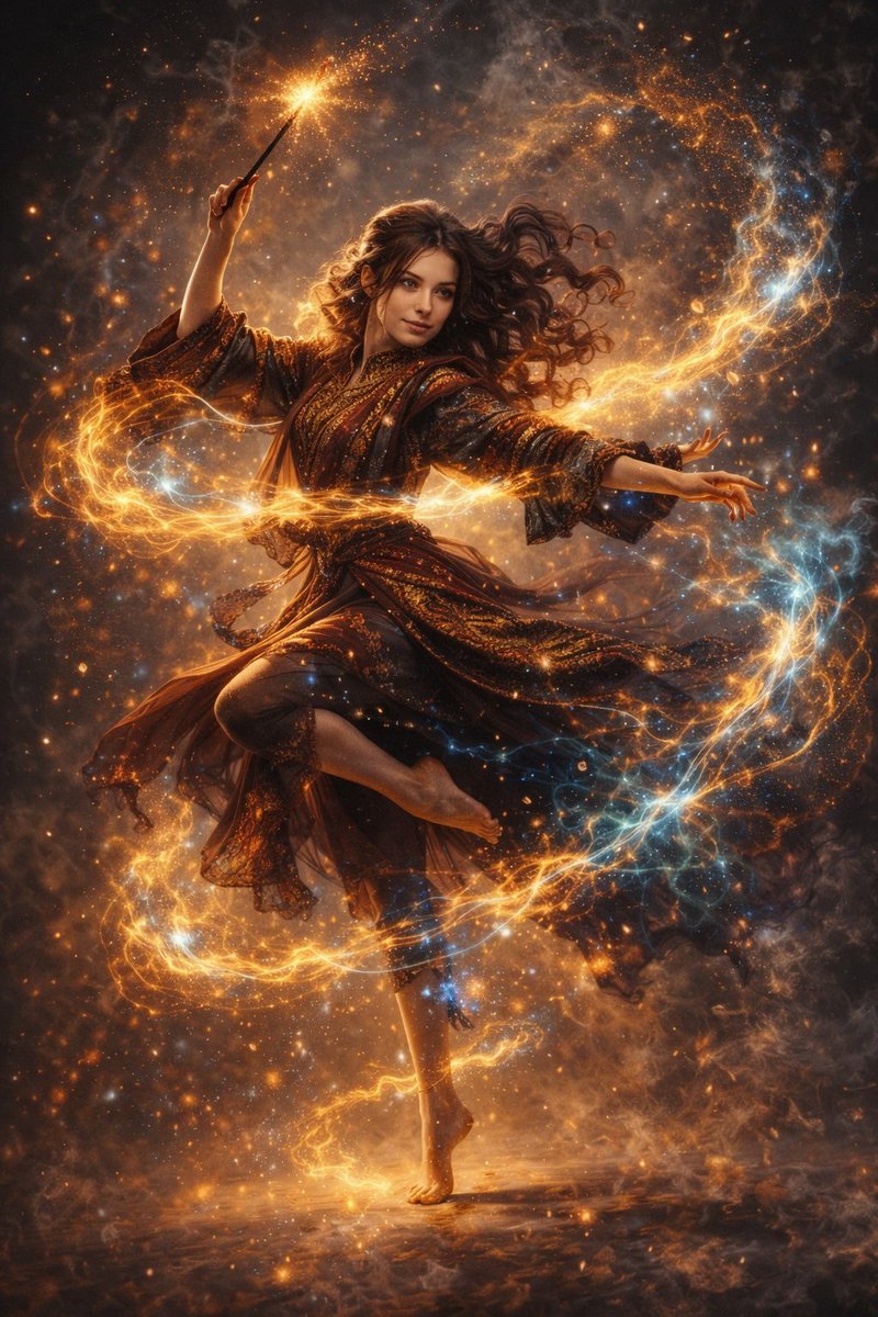 Elegant Magical Dance of a Mystical Young Woman, Fantasy, nanoBanana-Pro, Dynamic Pose, Ethereal Energy reference image