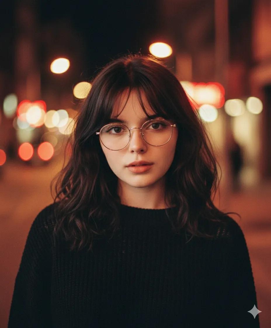 Neon Glow and Analog Dreams, People, nanoBanana-Pro, Bangs, Black Sweater reference image