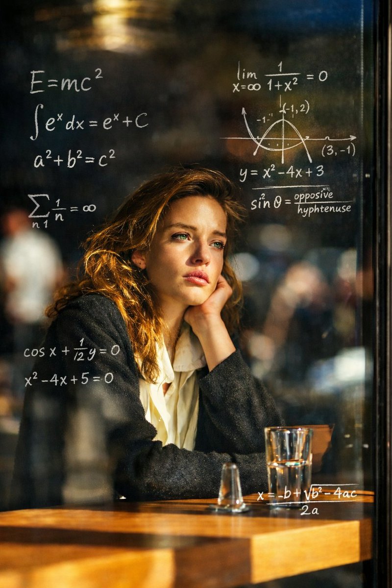 Thoughtful Young Woman with Mathematical Equations, People, nanoBanana-Pro, Café Scene, Dreamy Atmosphere reference image
