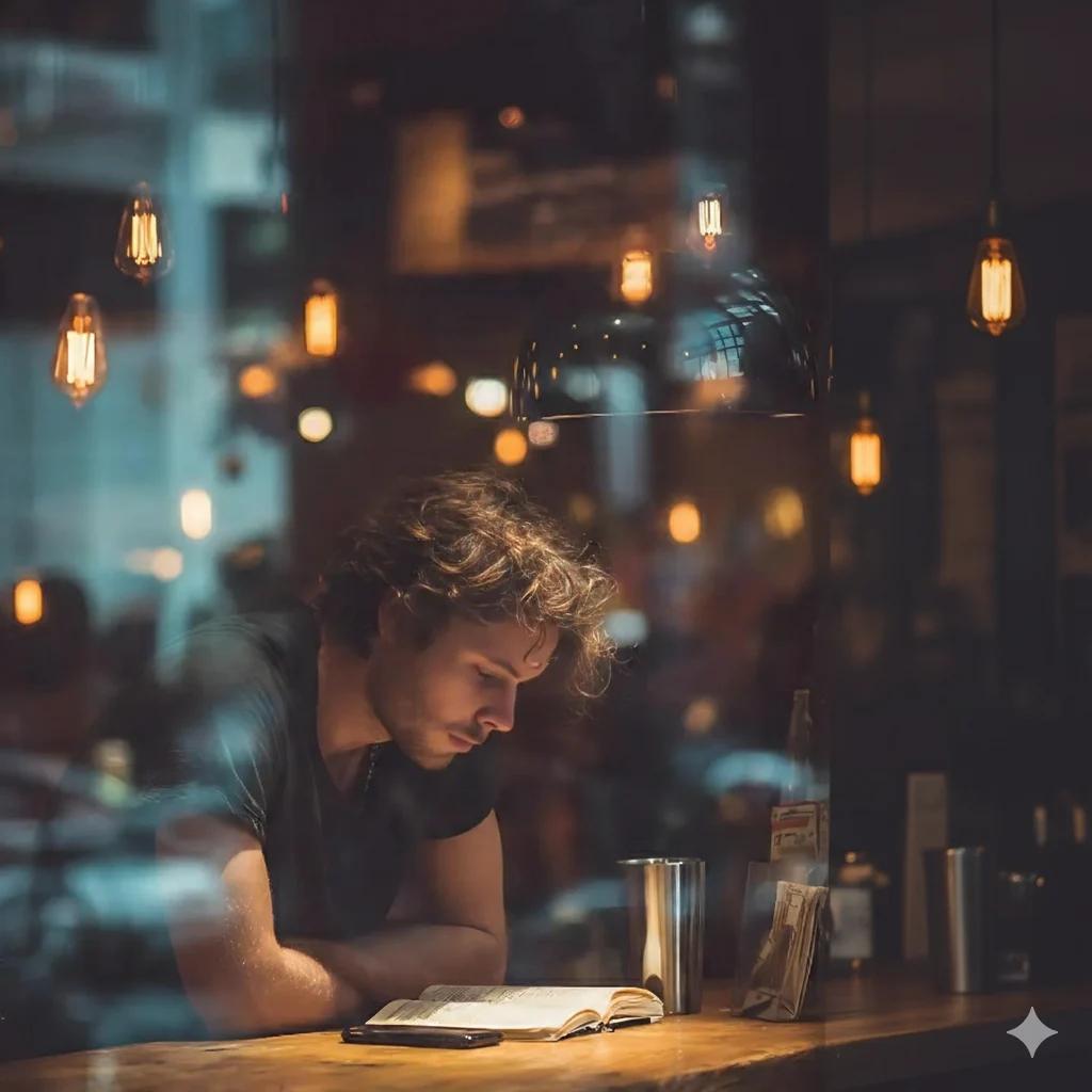 沉浸在阅读中的年轻男子，人物，nanoBanana-Pro，Book Lovers, Contemplative Mood风格参考图