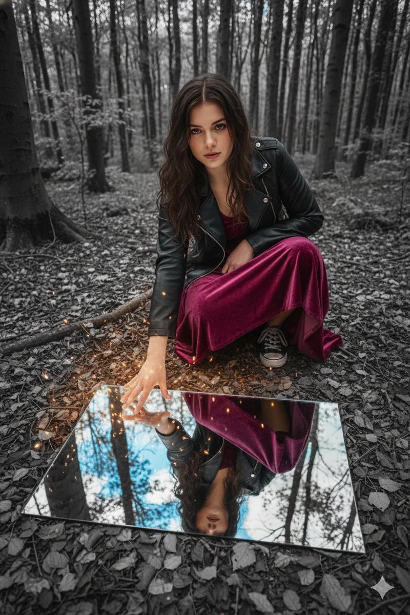 Magic Reflection in the Forest, Nature, nanoBanana-Pro, Above View, Black and White reference image