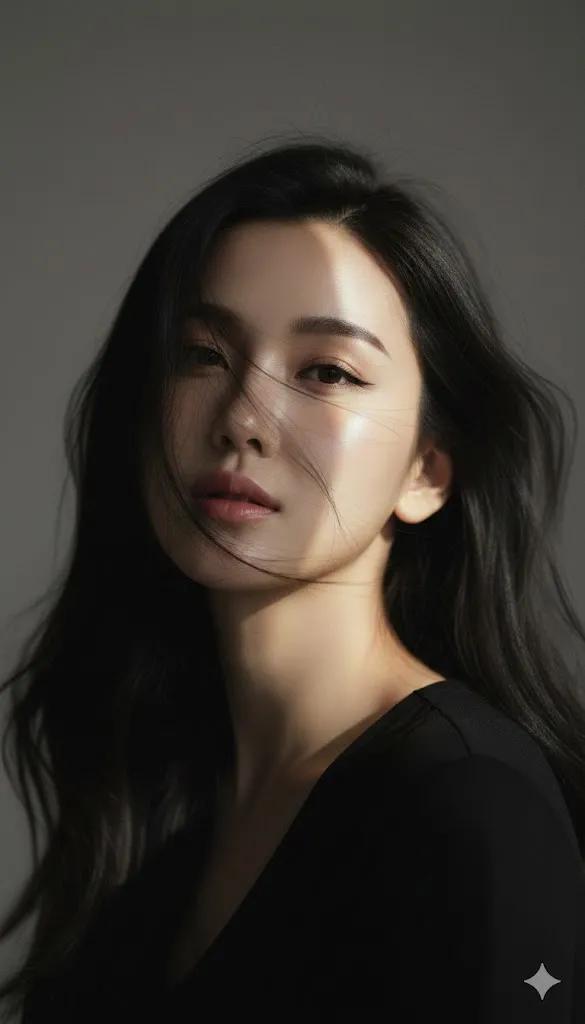 瞬间光影下的韩国编辑室特写肖像,人物,nanoBanana-Pro,Black Hair, Close-up风格参考图