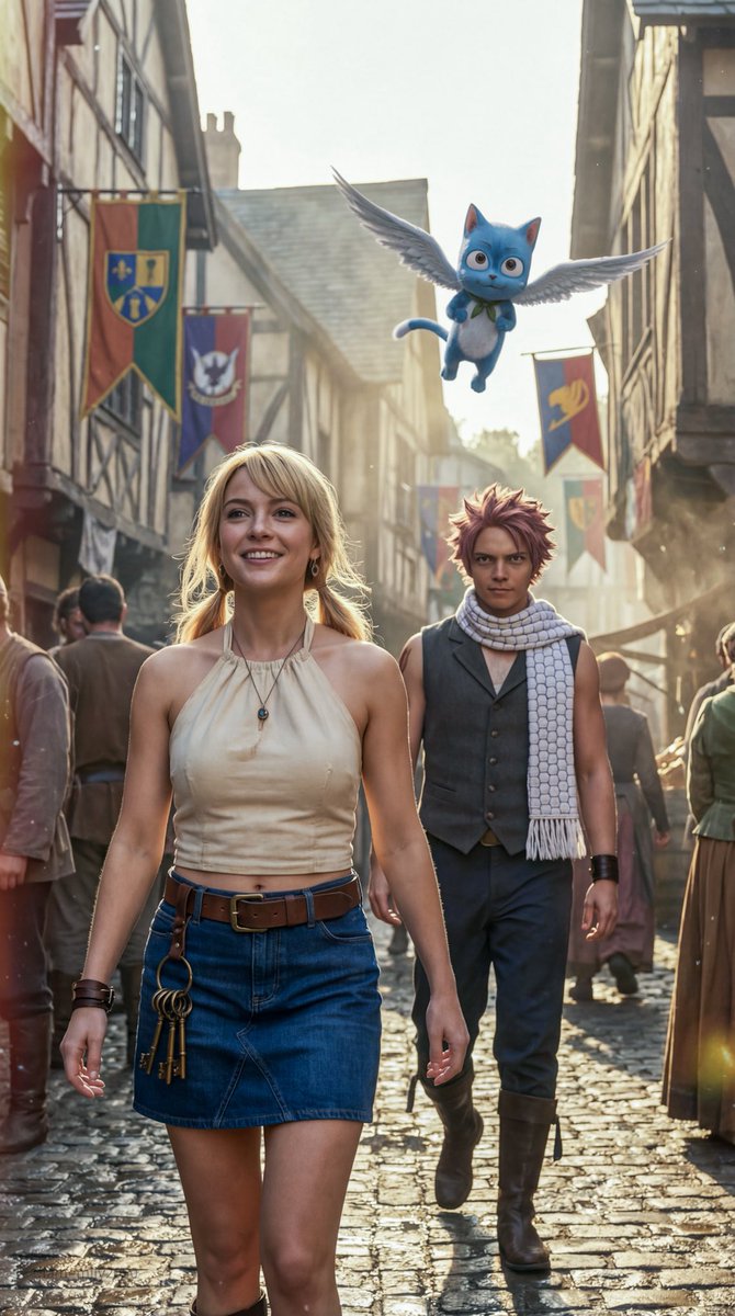 Live-action Feature Film Still of Lucy Heartfilia, Natsu Dragneel, and Happy on Magnolia Street, Film, nanoBanana-Pro, 3D, Athletic Builds reference image
