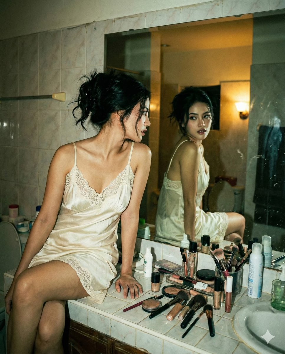 Raw Candid Flash-style Mirror Photograph of a Young Woman, People, nanoBanana-Pro, 35mm Film Emulation, Candid reference image