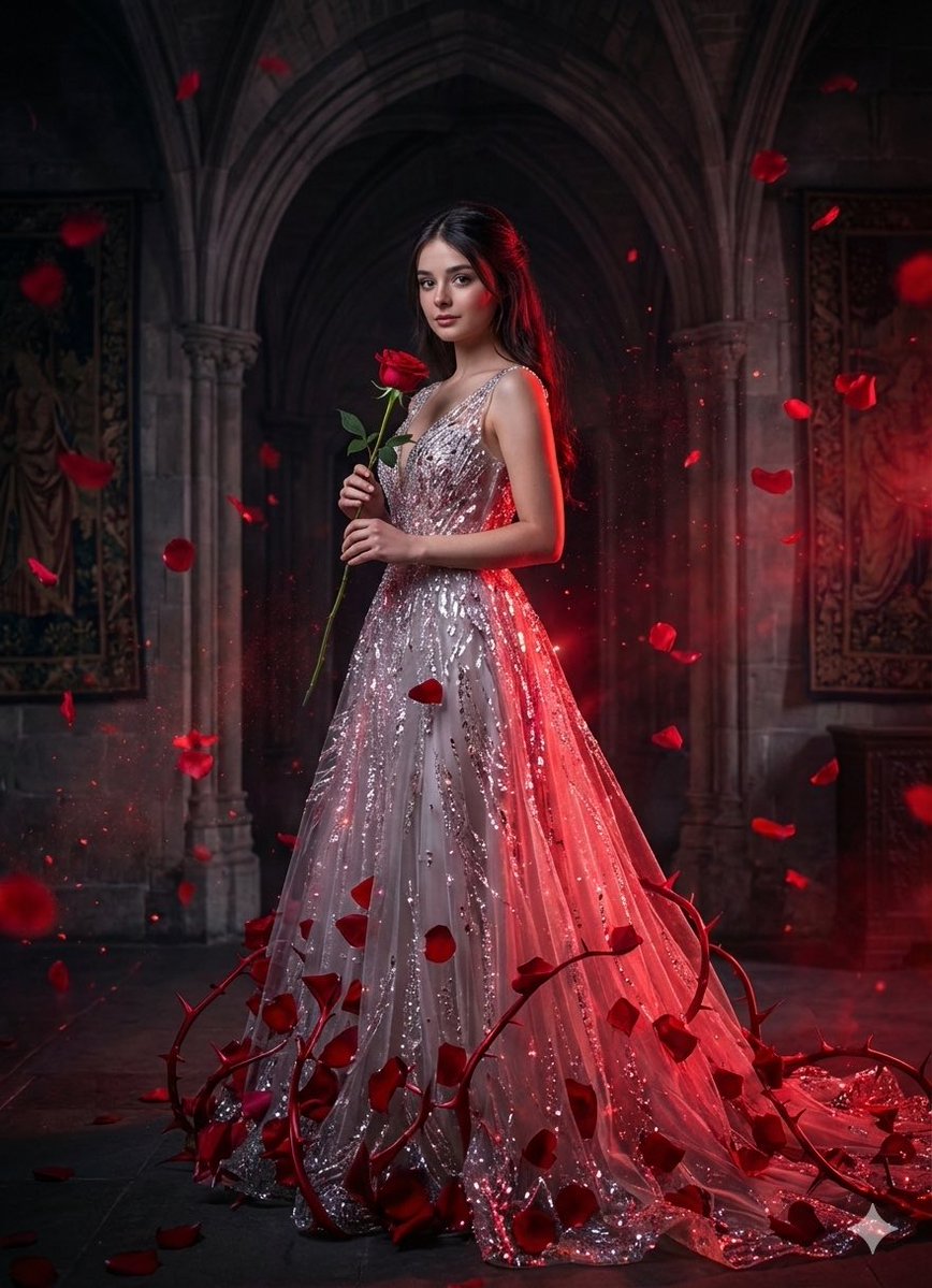 Floating Petals, Endless Allure, Fashion, nanoBanana-Pro, Crystal Gown, Ethereal Atmosphere reference image