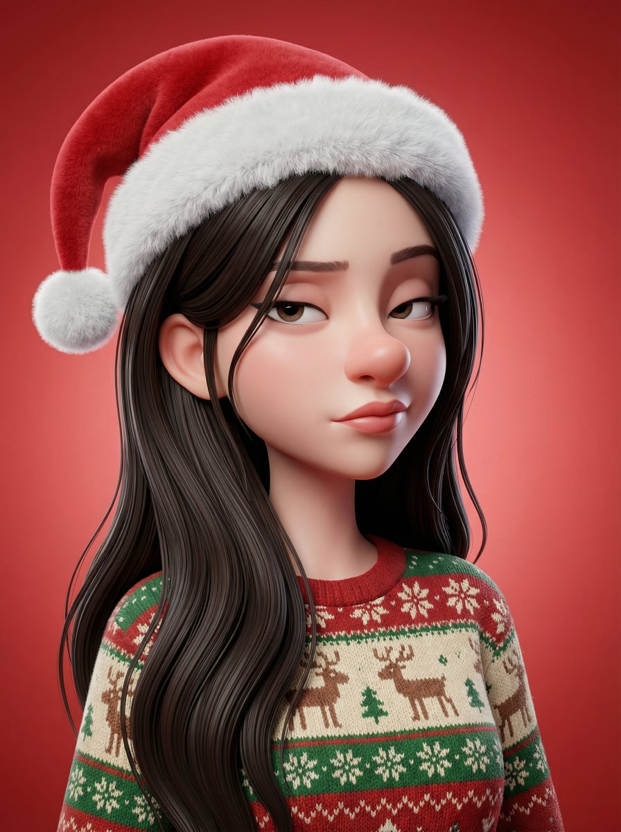 新款式圣诞帽3D肖像，3D，nanoBanana-Pro，3D, 3D Render风格参考图